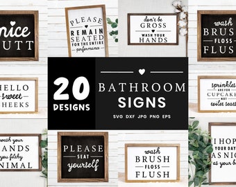 May include: Twenty bathroom sign designs in black and white with various humorous and cheeky sayings. The signs are framed in wood and have a rustic look.