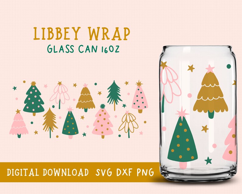 May include: A digital download of a Christmas-themed design for a 16 oz glass can wrap. The design features a repeating pattern of pink, green, and gold stylized Christmas trees and stars on a white background. The text "LIBBEY WRAP GLASS CAN 16OZ" is at the top of the image.