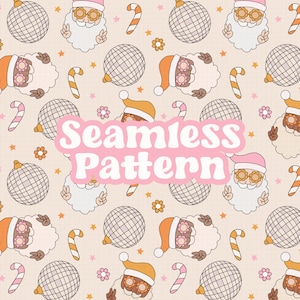 Disco Santa Seamless Pattern, Cute Retro Santa Claus Christmas Png Pattern