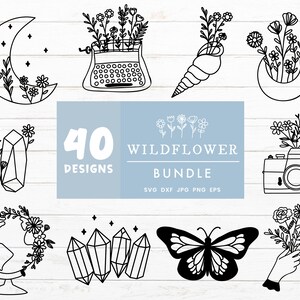 Bundle SVG de fleurs sauvages, bundle SVG de fleurs, fichiers de coupe SVG de lune, fichiers SVG floraux pour Cricut, fichier de coupe SVG lunaire, clipart papillon lunaire de lune