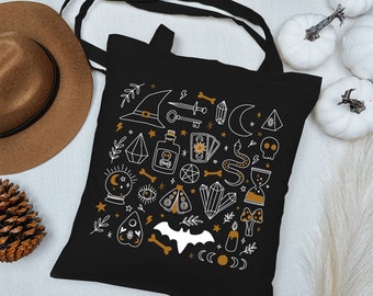Stylish Halloween Tote, Halloween Collage PNG, Halloween Witch SVG, Spooky Cute Tote Bag, Gothic Tote Bag, Magic and Celestial SVG