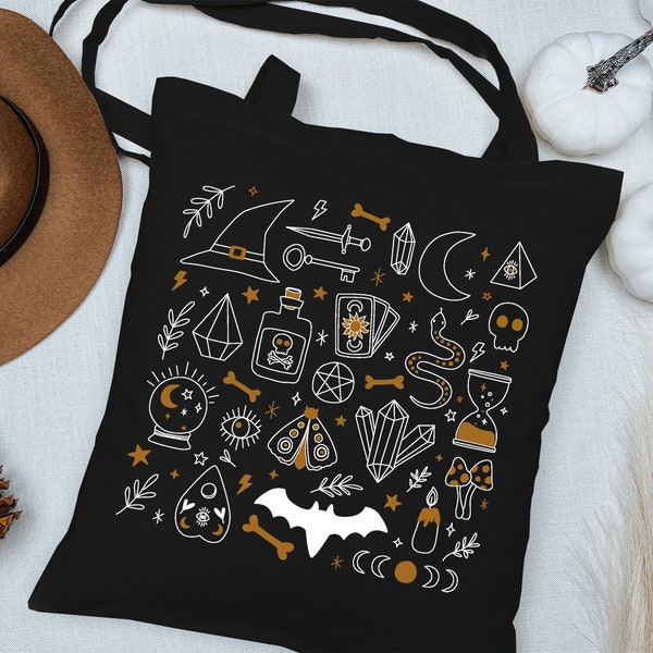 Stylish Halloween Tote, Halloween Collage PNG, Halloween Witch SVG, Spooky Cute Tote Bag, Gothic Tote Bag, Magic and Celestial SVG