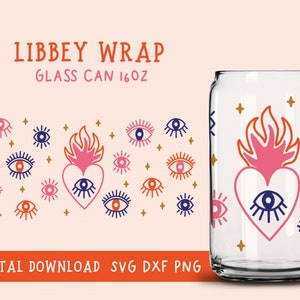 May include: A digital download design for a 16 oz glass can wrap featuring a pink heart with a blue eye and flames, surrounded by blue and pink eyes with eyelashes. The design also includes gold stars.