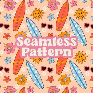 May include: A seamless pattern featuring surfboards, flowers, sunglasses, and smiling suns on a peach background. The text "Seamless Pattern" is written in a retro font.