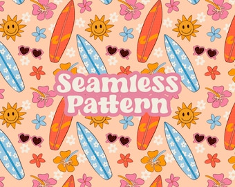 Seamless Pattern, Summer Pattern, Surfing Pattern, Repeat Pattern for Fabric Sublimation, Seamless Retro Pattern, Summer Png, Sun Png