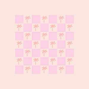 Pode incluir: Um fundo xadrez rosa e branco com um padr&atilde;o de palmeiras rosa.