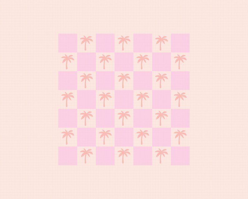 Pode incluir: Um fundo xadrez rosa e branco com um padr&atilde;o de palmeiras rosa.