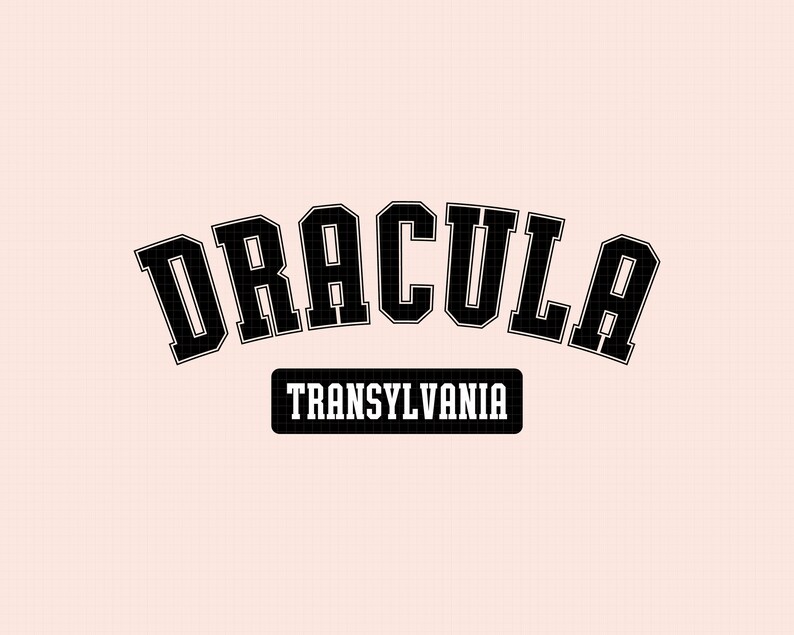 Op de afbeelding: Zwart-wit grafisch ontwerp met de tekst "Dracula" in een vet, blokkerig lettertype. De tekst "Transylvania" staat onder het woord "Dracula" in een kleiner, wit lettertype.