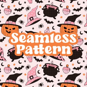 Witchy Seamless Pattern Png, Hot Pink Orange Halloween Witch Pattern for Fabric