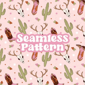 May include: A seamless pattern featuring a pink background with various illustrations, including cacti, deer skulls, and cowboy boots. The text "Seamless Pattern" is written in a pink banner.