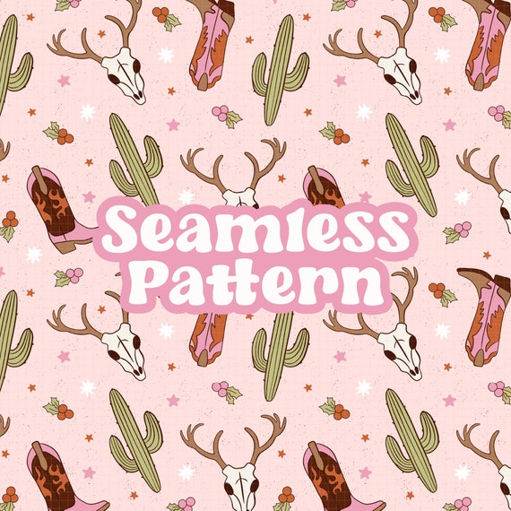Pink Santa Cowboy Seamless Pattern, Groovy Western Christmas Png Pattern