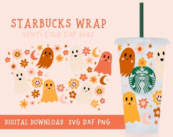 Envoltura de otoño, envoltura de Starbuck Svg, envoltura completa de Halloween, vaso Starbucks de Halloween, fantasma Svg, flor Svg, Halloween Svg, Halloween Png
