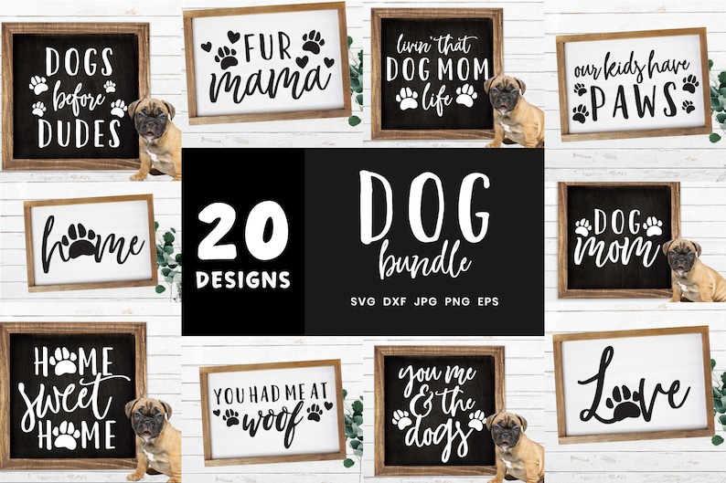 以下が含まれることがあります： SVG、DXF、JPG、PNG形式の犬をテーマにしたデザイン20点のセットです。デザインには、「Dogs before dudes」、「Fur mama」、「Livin' that dog mom life」、「Our kids have paws」、「Home sweet home」、「You had me at woof」、「You me & the dogs」、「Love」など、犬に関連するさまざまなフレーズが使用されています。
