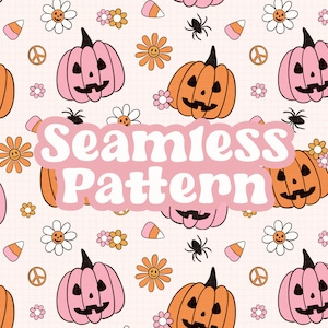 Retro Floral Jack o Lantern Seamless Pattern, Pink Groovy Pumpkin Png Pattern