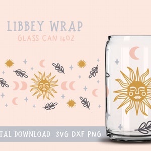 May include: A digital download design for a 16 oz glass can wrap featuring a sun and moon pattern with stars and leaves. The design is in a minimalist style with a pink, gold, and grey colour scheme. The text "LIBBEY WRAP GLASS CAN 16OZ" is at the top of the image.