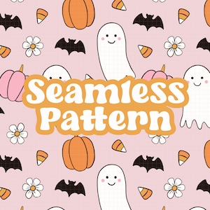 May include: A seamless pattern featuring a variety of Halloween-themed elements, including ghosts, bats, pumpkins, candy corn, and flowers. The background is a light pink color.