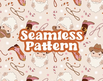 Pink Santa Cowboy Seamless Pattern, Groovy Western Christmas Png Pattern