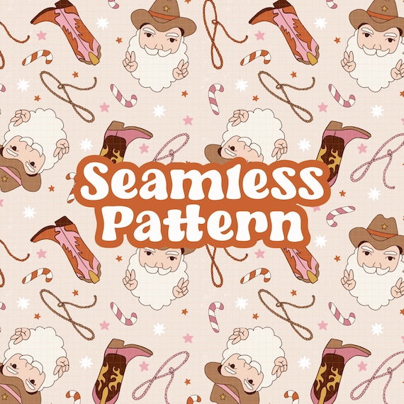 Pink Santa Cowboy Seamless Pattern, Groovy Western Christmas Png Pattern