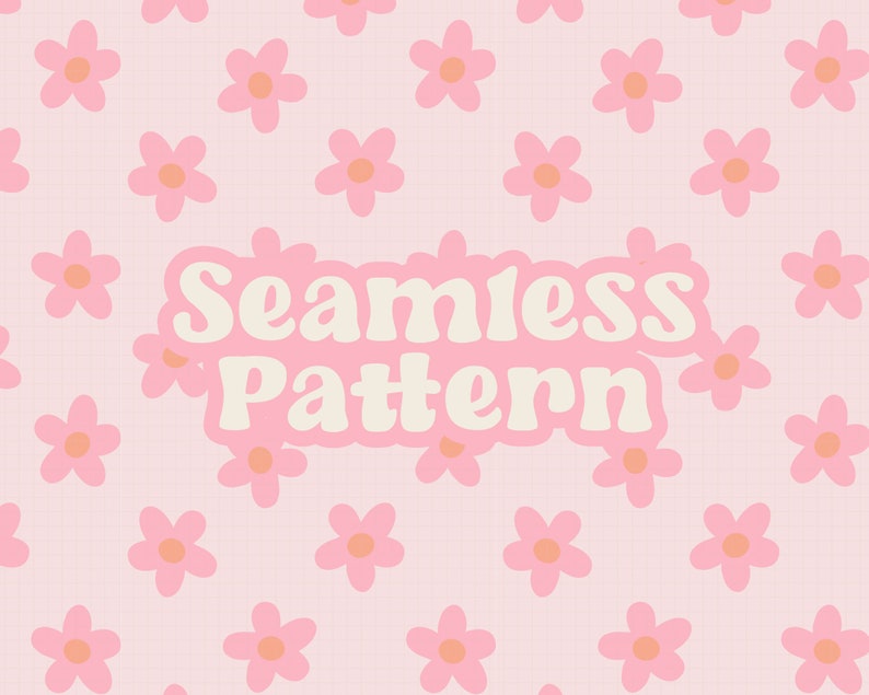 May include: A seamless pattern featuring pink flowers with orange centres on a light pink background. The text "Seamless Pattern" is written in a retro font in white.