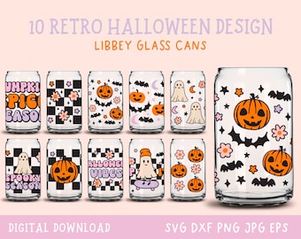 Retro Halloween Svg Bundle, Pastel Pumpkins Svg For Libbey 16oz Can Glass, Halloween Ghouls Svg Bundle, Can Glass Wrap Bundle, Spooky Season