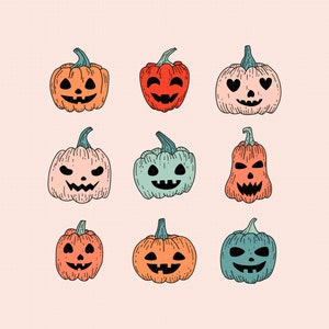 May include: Nine hand-drawn illustrations of pumpkins with different facial expressions. The pumpkins are in various colors, including orange, pink, green, and blue.