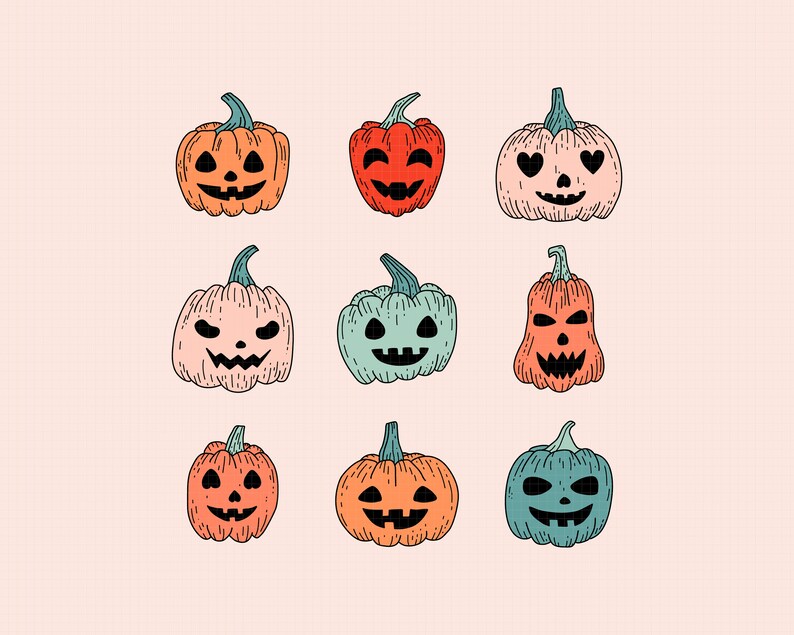 May include: Nine hand-drawn illustrations of pumpkins with different facial expressions. The pumpkins are in various colors, including orange, pink, green, and blue.