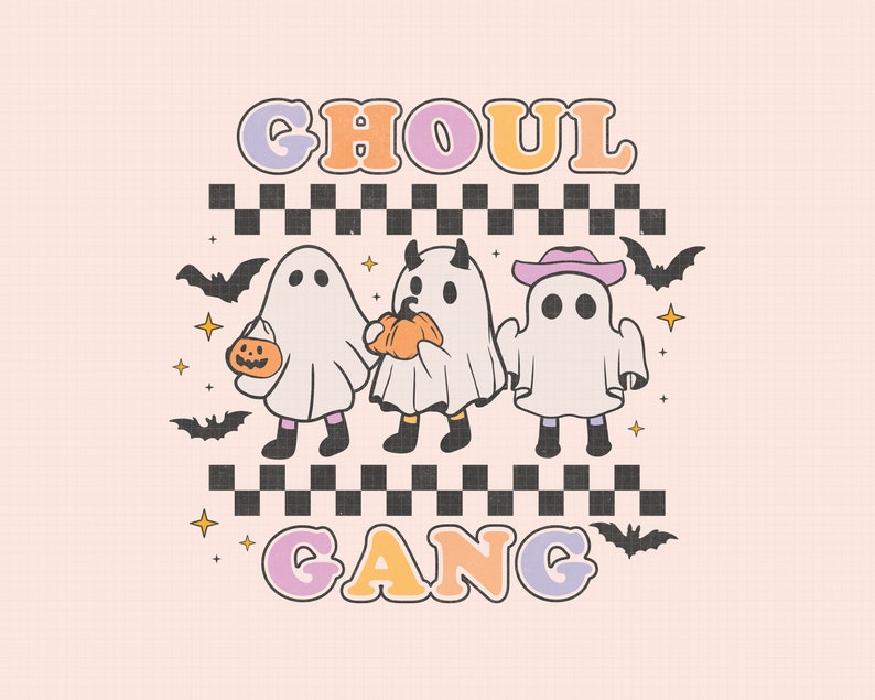 Puede incluir: Una ilustraci&oacute;n linda de tres fantasmas vestidos con disfraces con el texto "Ghoul Gang" en letras de colores. Los fantasmas sostienen calabazas y murci&eacute;lagos vuelan a su alrededor.
