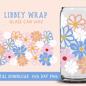 May include: A digital download of a floral design for a 20 oz glass can wrap. The design features blue, pink, orange, and white flowers on a white background. The text "LIBBEY WRAP GLASS CAN 20OZ" is at the top of the image.
