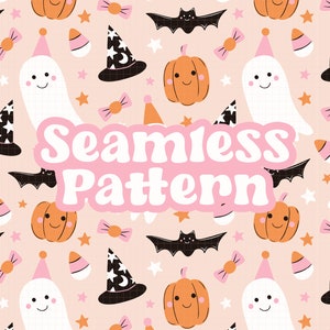 Cute Halloween Party Pattern for Fabric, Pink Orange Fall Seamless Pattern Png