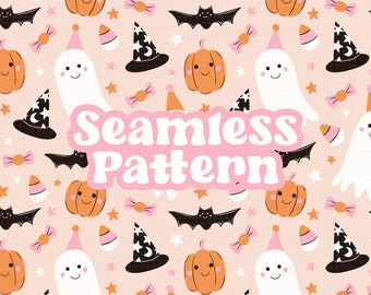 Cute Halloween Party Pattern for Fabric, Pink Orange Fall Seamless Pattern Png