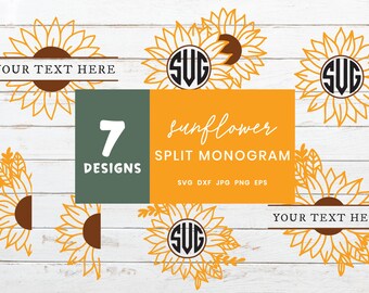 Paquete de girasol con monograma dividido, archivos de corte SVG de girasol, imágenes prediseñadas de monograma de flores para Cricut y silueta, archivos SVG de girasol dibujados a mano