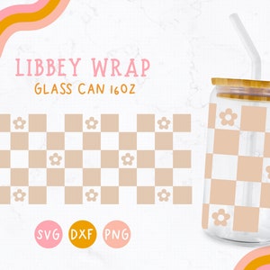 Retro Floral Wrap, Flower Retro Svg, Beige Checkers Svg, Beer Can Glass Cut File, Full Wrap Glass, Libbey Glass Svg, Iced Coffee Cup Sv