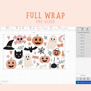 May include: A digital design featuring a variety of Halloween themed illustrations, including pumpkins, ghosts, bats, spiders, candy corn, and a witch's hat. The design is pre-sized for a full wrap.