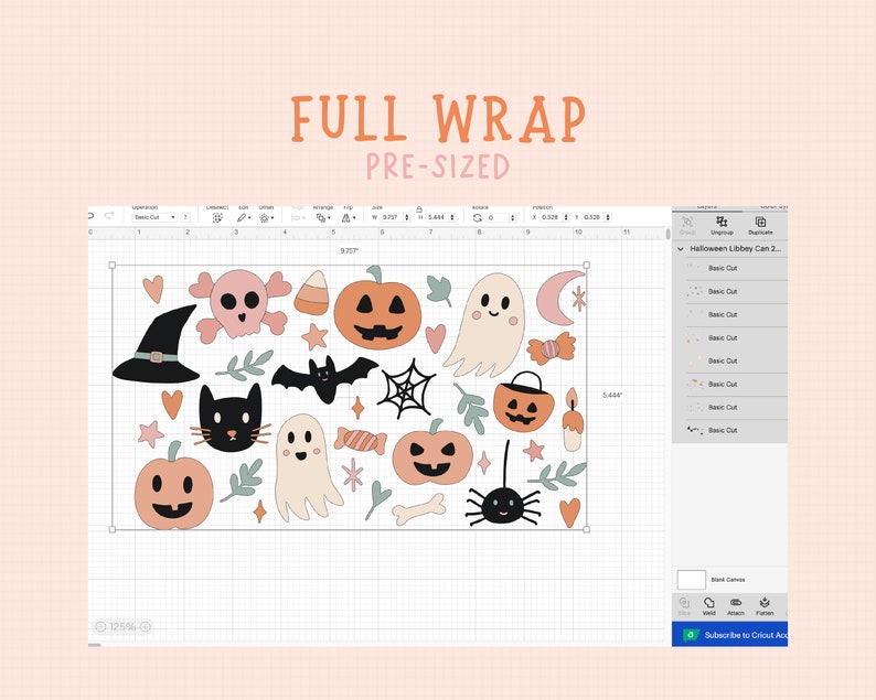 May include: A digital design featuring a variety of Halloween themed illustrations, including pumpkins, ghosts, bats, spiders, candy corn, and a witch's hat. The design is pre-sized for a full wrap.