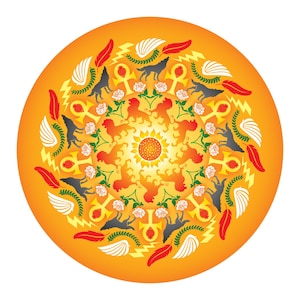 May include: A circular design with an orange background featuring a symmetrical pattern. The design includes stylized wolves, lions, roses, feathers, wings, and ankh symbols. The center has a sunflower design. The color palette includes orange, red, white, and black.