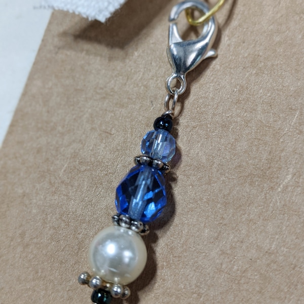 2a Various Beaded Charms, Journal Charms, Zipper Pulls, Bag Charms. , blue glass and pearl charm, key chain charm. planner charm.