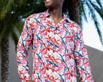 CATTLEYA Long Sleeve Linen Cotton Dress shirt with coconut buttons - Flower print Summer mood