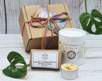 Sustainable Wild Flower Gift Set | Wild Flower Seed Balls | Handmade Soap Bar | Soy Wax Tea Light | Gardening Gift Hamper