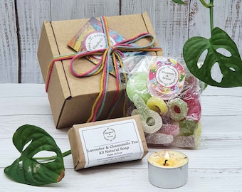 Eco Friendly Gift Set: Soy Wax Tealight, Natural Soap, Vegan Sweets
