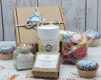 Eco-Friendly Birthday Gift Box: Soy Candle, Handmade Soap, Wildflower Seeds, Vegan Sweets