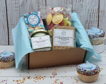 Vegan Sweet Mix, Soy Candle & Handmade Soap Birthday Gift Box | Eco Friendly and Plastic-free | Vegetarian Hamper