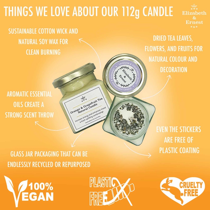 Może przedstawiać: Naturalna świeca sojowa o wadze 112 g w szklanym słoiku z ekologicznym knotem bawełnianym. Świeca jest oznaczona etykietą "Orange & Grapefruit Tea Natural Candle" i zawiera suszone liście herbaty, kwiaty i owoce, kt&oacute;re nadają jej naturalny kolor i dekoracyjny charakter. Świeca jest w 100% wegańska, wolna od plastiku i nie testowana na zwierzętach.