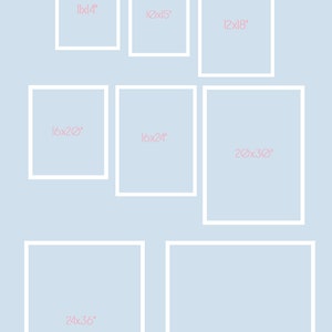 Puede incluir: Un fondo azul claro con una cuadr&iacute;cula blanca de cuadrados. Cada cuadrado tiene un borde blanco y contiene las dimensiones de un tama&ntilde;o de impresi&oacute;n en pulgadas. El texto "PRINT SIZES" est&aacute; en la parte superior de la imagen en letras rosas. El texto "Victoria's" est&aacute; en la parte inferior de la imagen en letras rosas y azules.