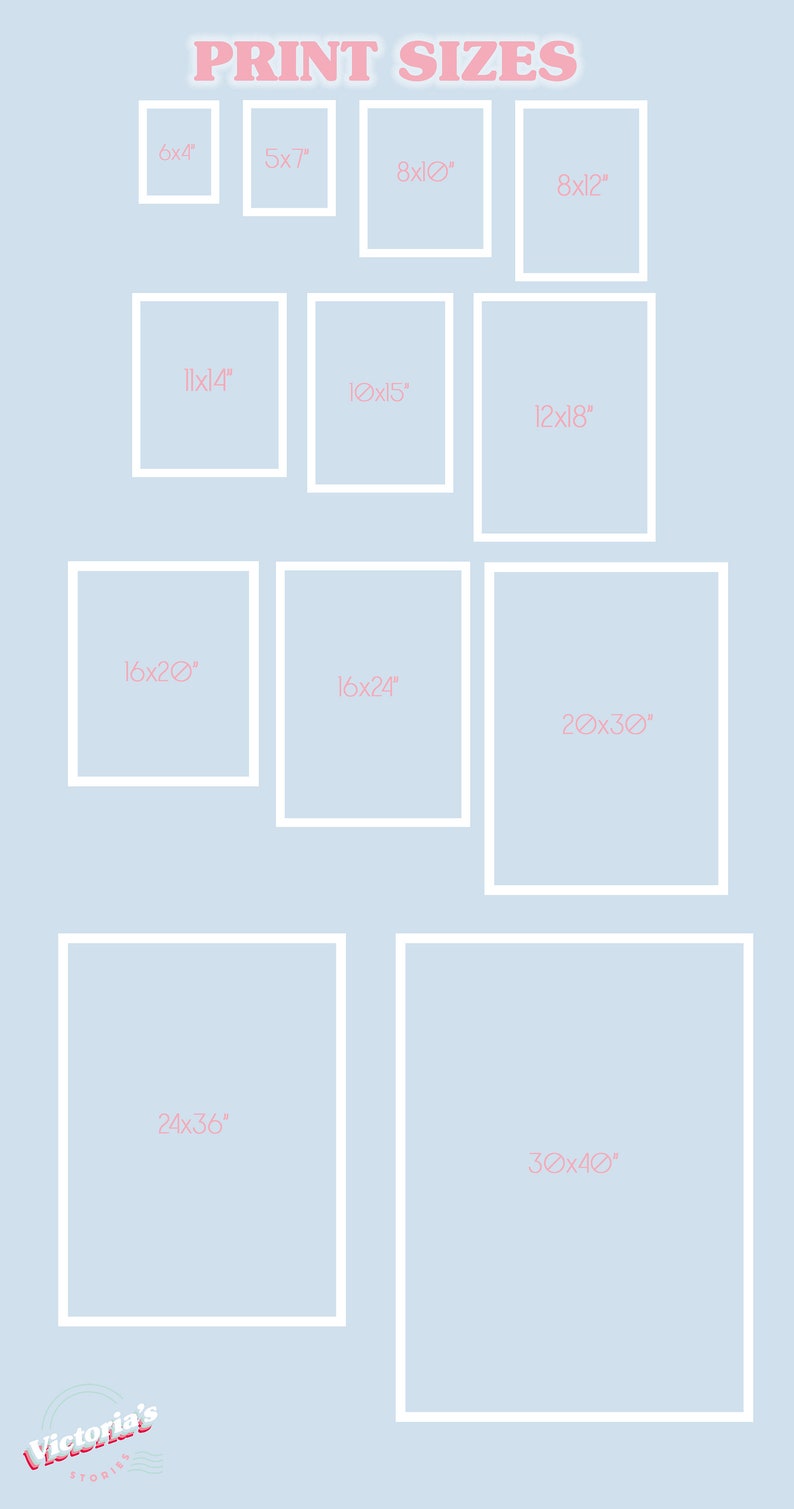 Puede incluir: Un fondo azul claro con una cuadr&iacute;cula blanca de cuadrados. Cada cuadrado tiene un borde blanco y contiene las dimensiones de un tama&ntilde;o de impresi&oacute;n en pulgadas. El texto "PRINT SIZES" est&aacute; en la parte superior de la imagen en letras rosas. El texto "Victoria's" est&aacute; en la parte inferior de la imagen en letras rosas y azules.