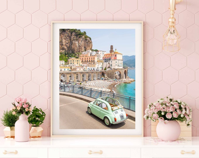 Positano Wall Art // Fiat 500 Amalfi Coast Print  (Positano prints, Italy art prints, Amalfi Coast, Italy print, travel photo, wall art)