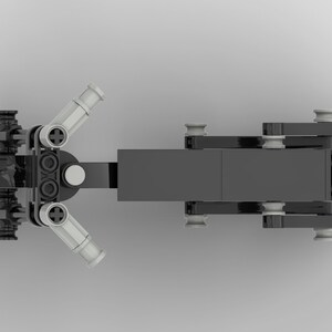 May include: A black Lego motorcycle with two exhaust pipes and a black seat. The motorcycle has black wheels with a tread pattern.