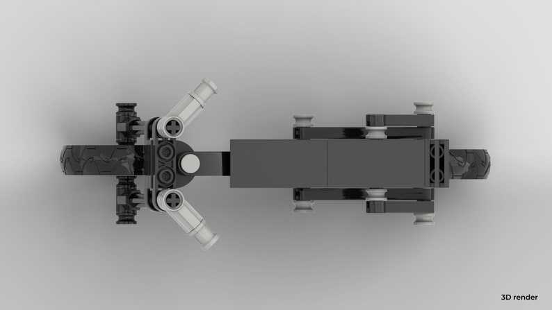 May include: A black Lego motorcycle with two exhaust pipes and a black seat. The motorcycle has black wheels with a tread pattern.