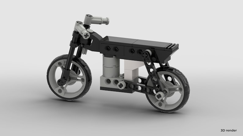 May include: A black and silver Lego motorcycle model with a detailed engine and suspension system. The motorcycle has a black seat and a silver exhaust pipe.