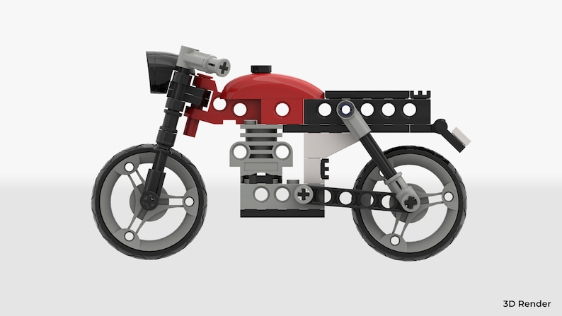 May include: A red, black, and gray toy motorcycle with a black headlight and a black seat. The motorcycle has a black frame and a gray engine.