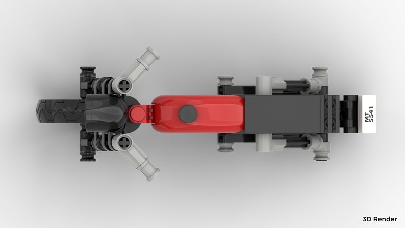 May include: Top view of a black and red toy motorcycle with a black seat and silver exhaust pipes. The motorcycle has a black tire on the front and a black tire on the back. The motorcycle has a black and white sticker on the side that says "MT 5541".